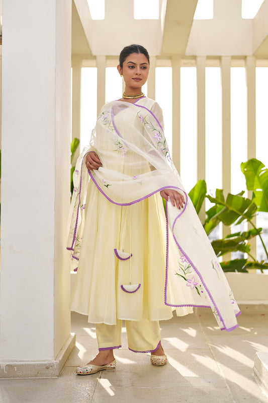 Ziya Butter Yellow Chanderi Hand Painted Angrakha Suit Set