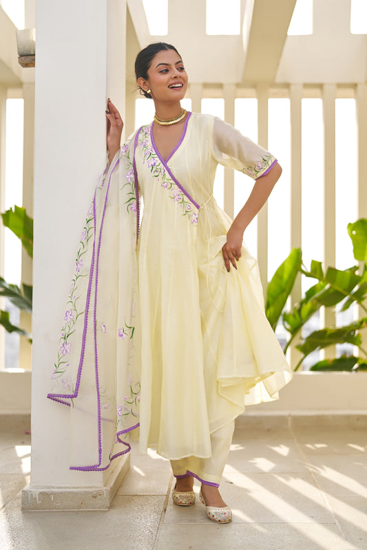 Ziya Butter Yellow Chanderi Hand Painted Angrakha Suit Set