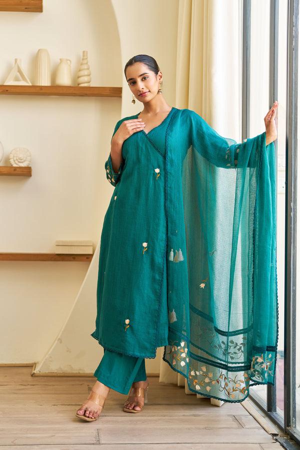 Saaz Teal Green Doria Embroidered Kurta Set