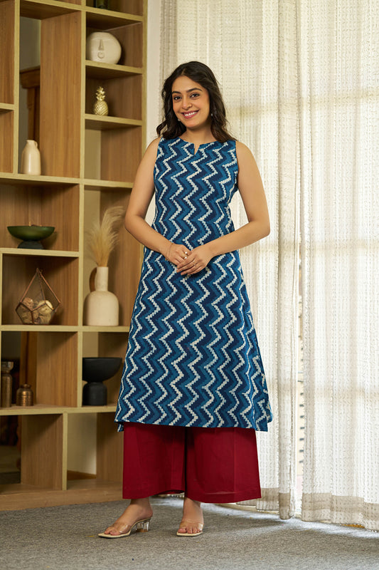 zigzag indigo handblock kurta set