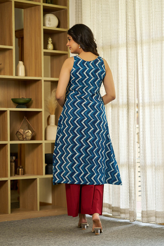 zigzag indigo handblock kurta set