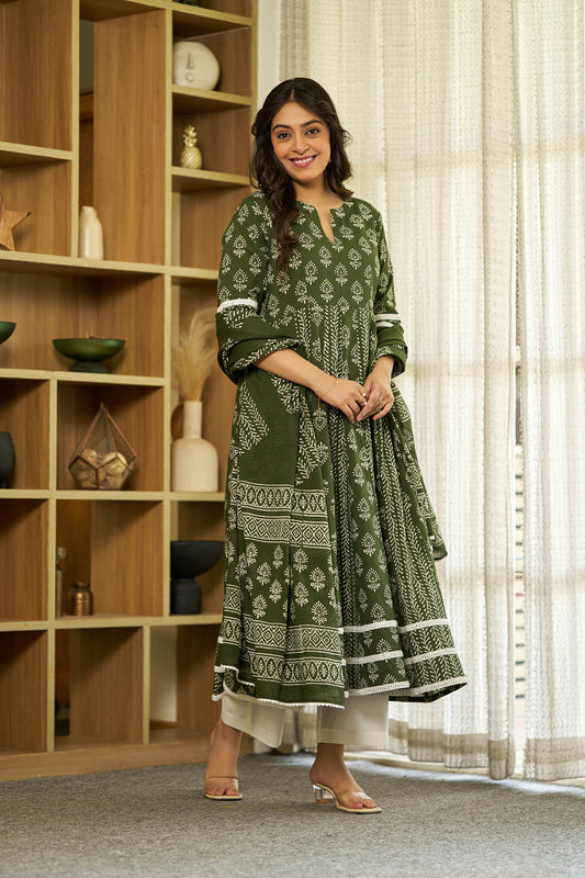 Harit bagru handblock Anarkali Suit set
