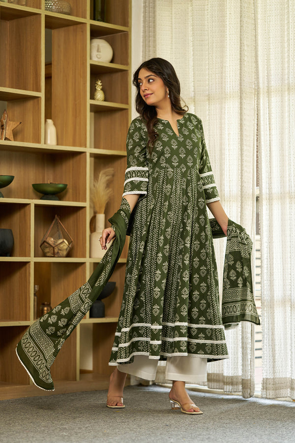 Harit bagru handblock Anarkali Suit set