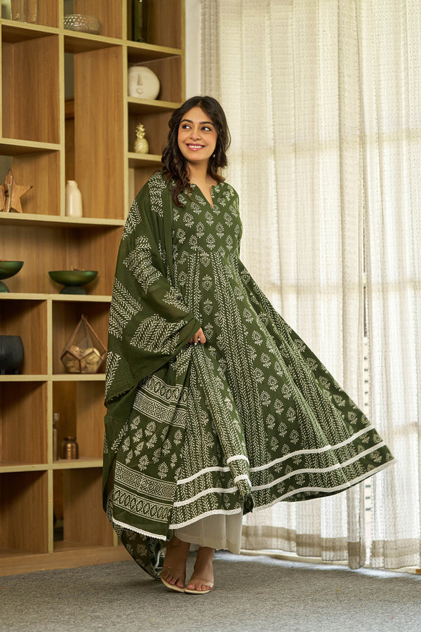 Harit bagru handblock Anarkali Suit set