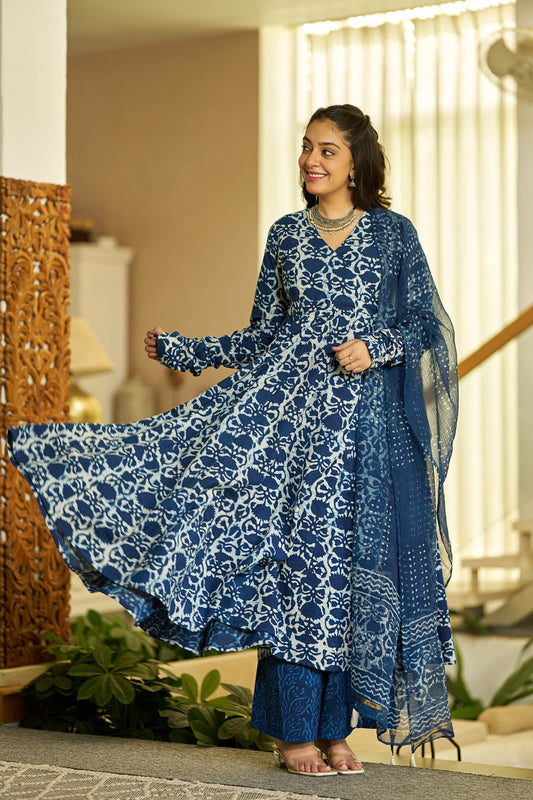 Indigo glow handblock Angrakha set