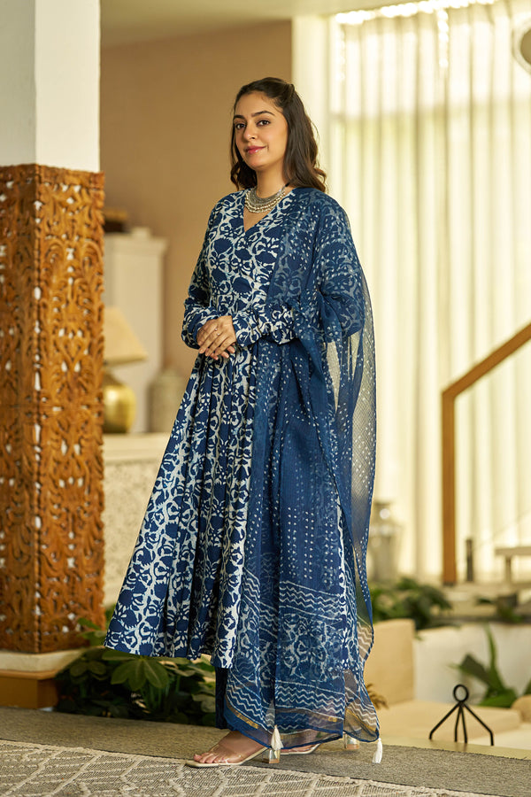 Indigo glow handblock Angrakha set