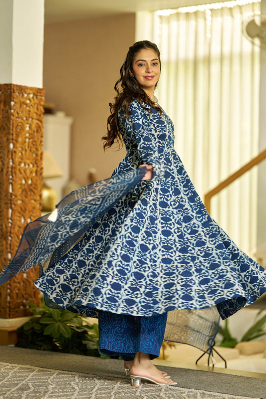 Indigo glow handblock Angrakha set