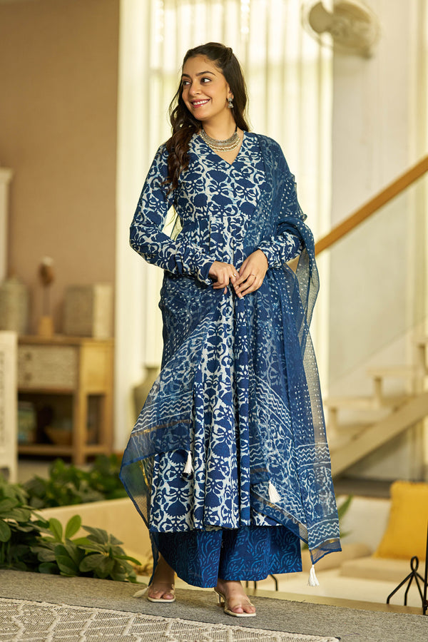 Indigo glow handblock Angrakha set