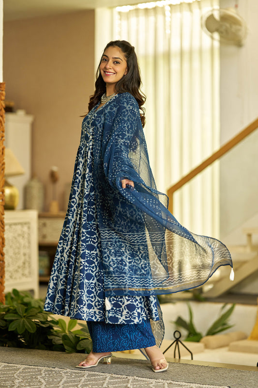 Indigo glow handblock Angrakha set
