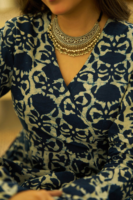 Indigo glow handblock Angrakha set