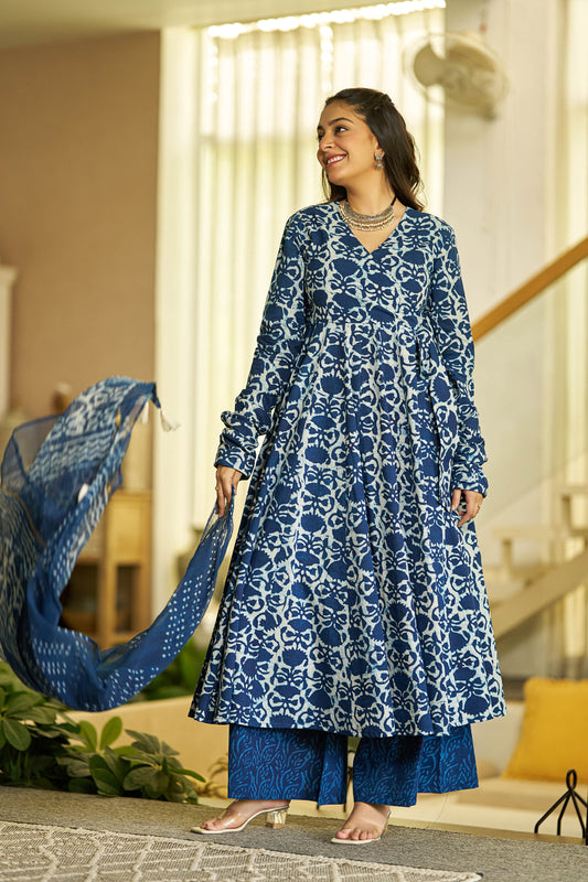 Indigo glow handblock Angrakha set