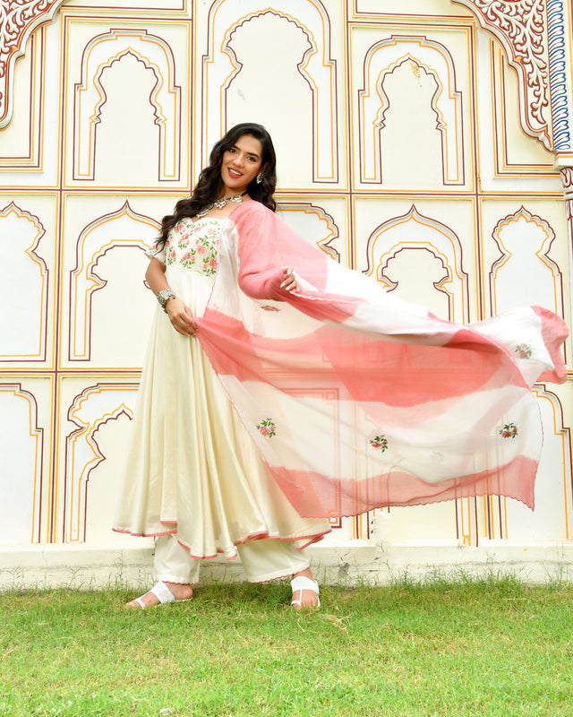 Raahi White Embroidered Chanderi Suit Set