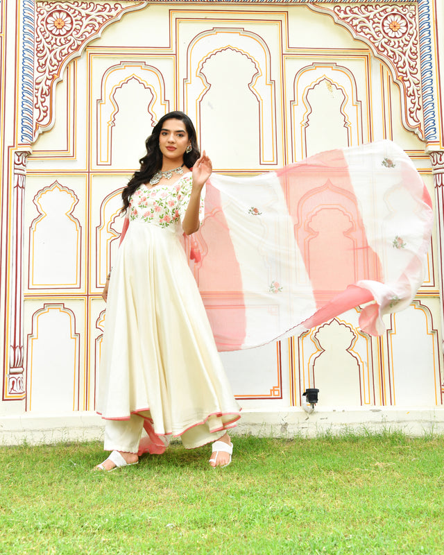 Raahi White Embroidered Chanderi Suit Set