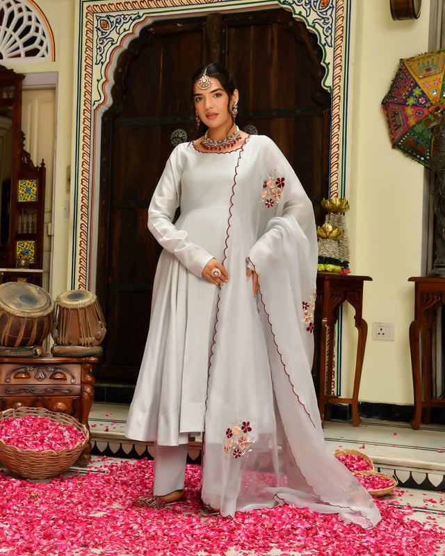 Seher Grey Embroidered Chanderi Suit Set