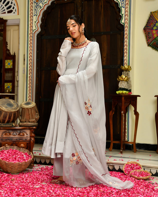 Seher Grey Embroidered Chanderi Suit Set