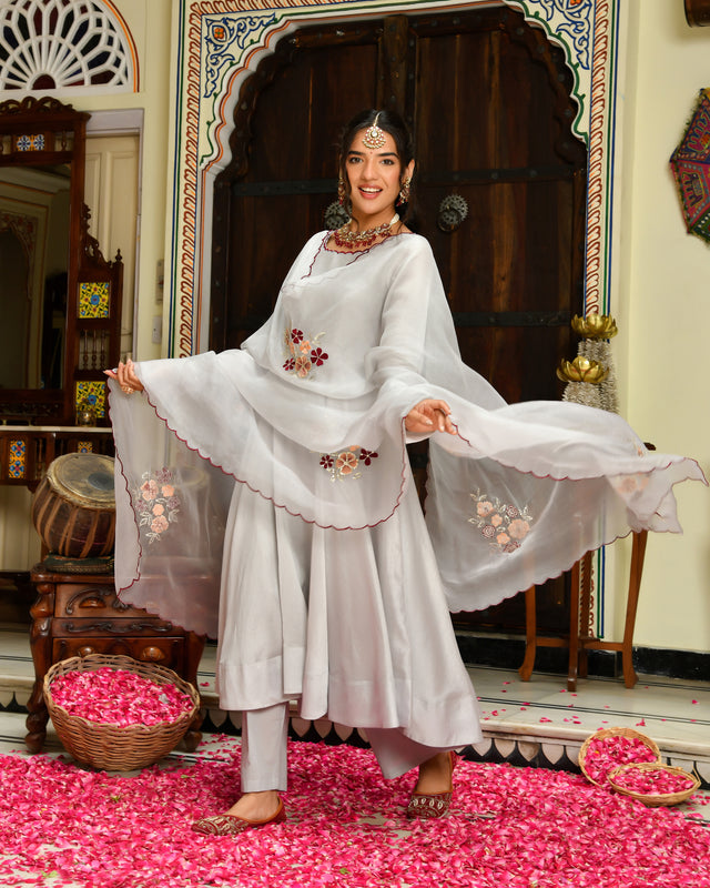 Seher Grey Embroidered Chanderi Suit Set