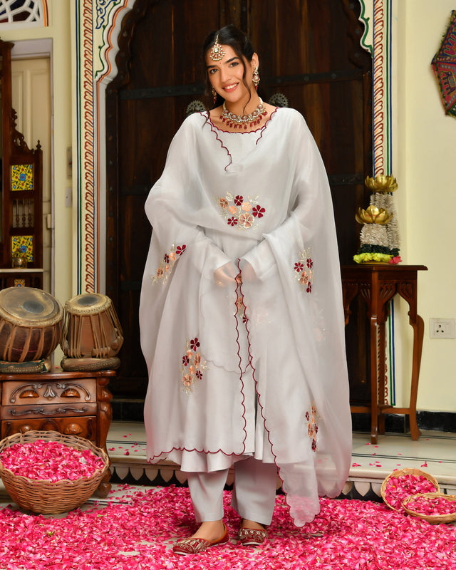 Seher Grey Embroidered Chanderi Suit Set