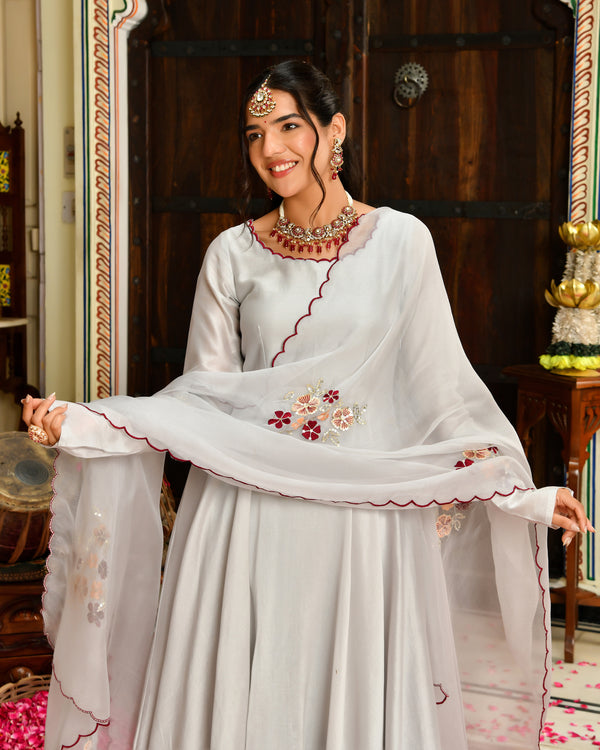Seher Grey Embroidered Chanderi Suit Set