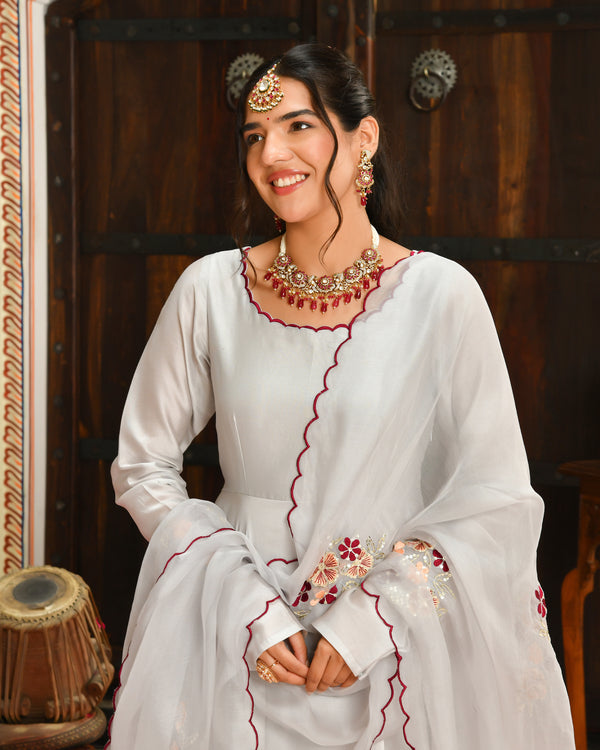 Seher Grey Embroidered Chanderi Suit Set