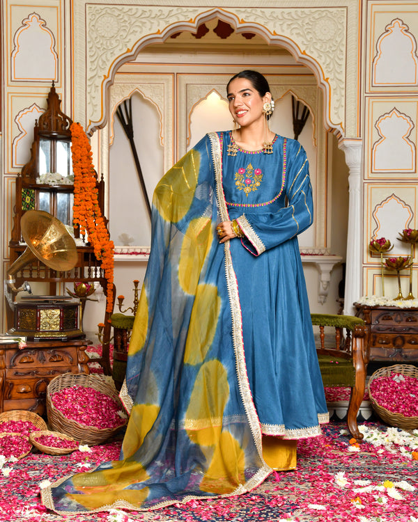 Niya Teal Blue Silk Suit Set