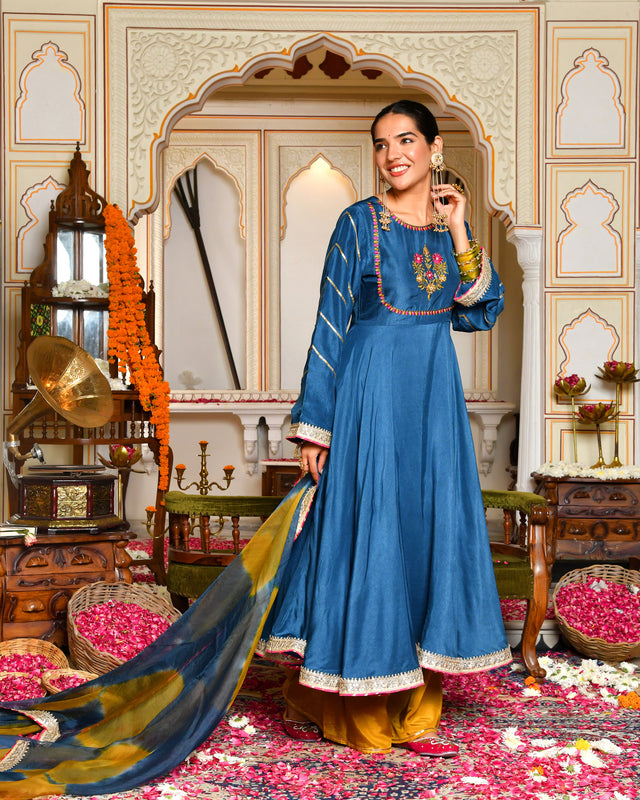 Niya Teal Blue Silk Suit Set