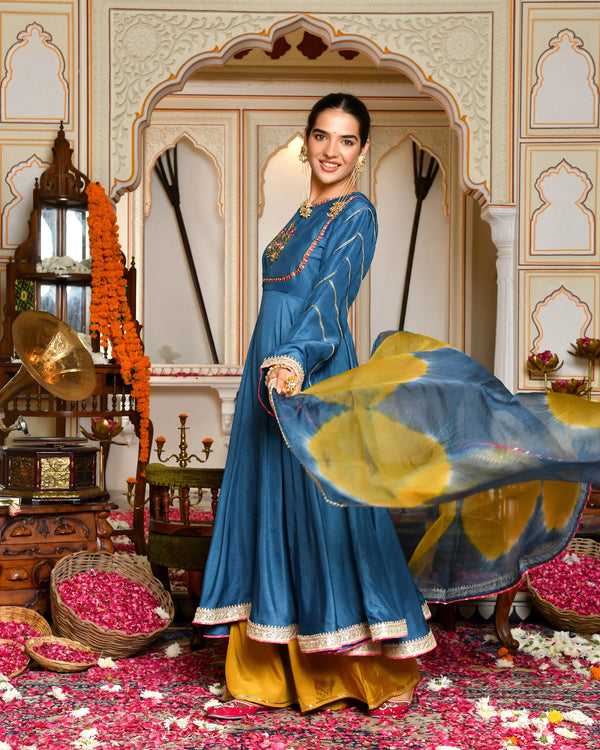 Niya Teal Blue Silk Suit Set
