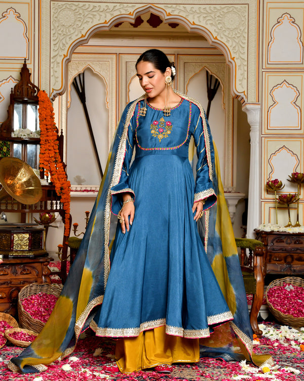 Niya Teal Blue Silk Suit Set