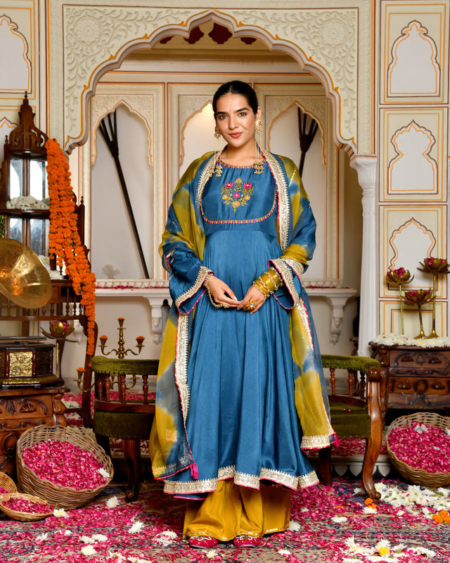 Niya Teal Blue Silk Suit Set