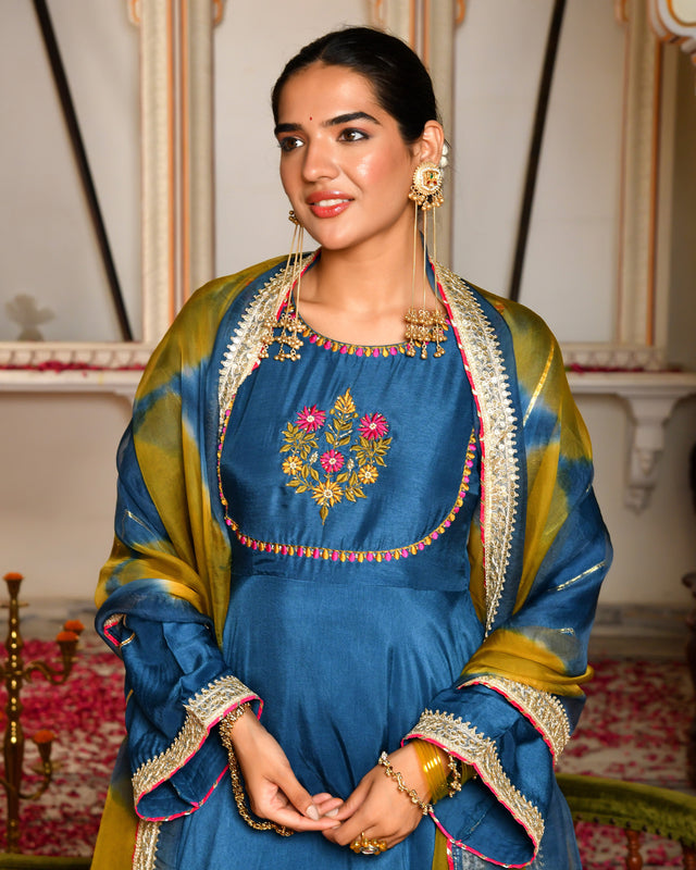 Niya Teal Blue Silk Suit Set