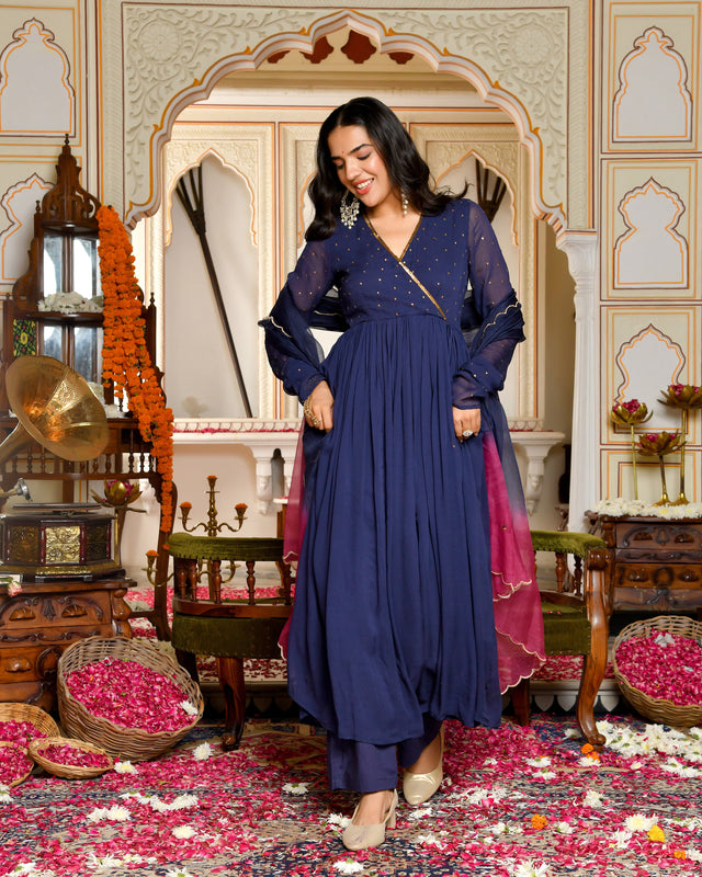 Aafreen Blue Embroidered Georgette Angrakha Set