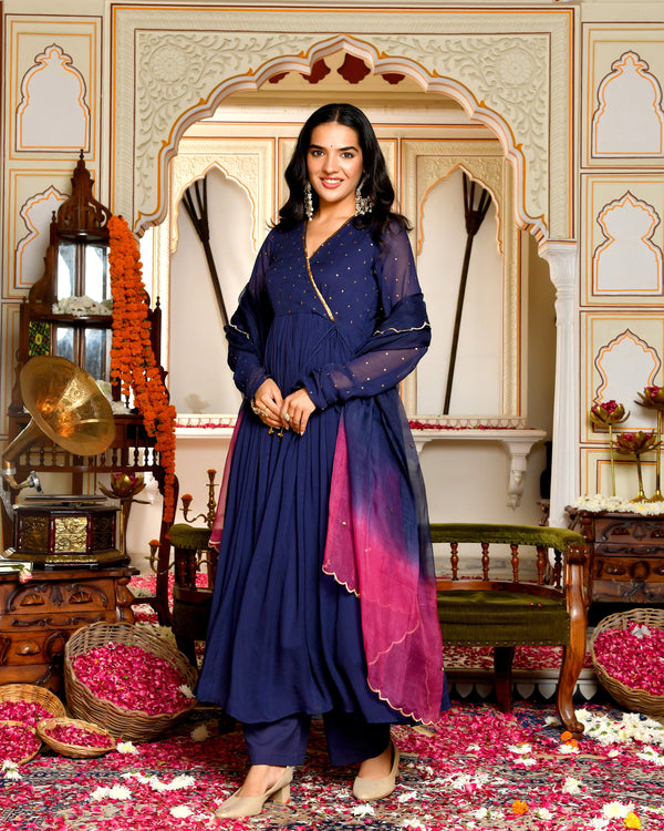 Aafreen Blue Embroidered Georgette Angrakha Set