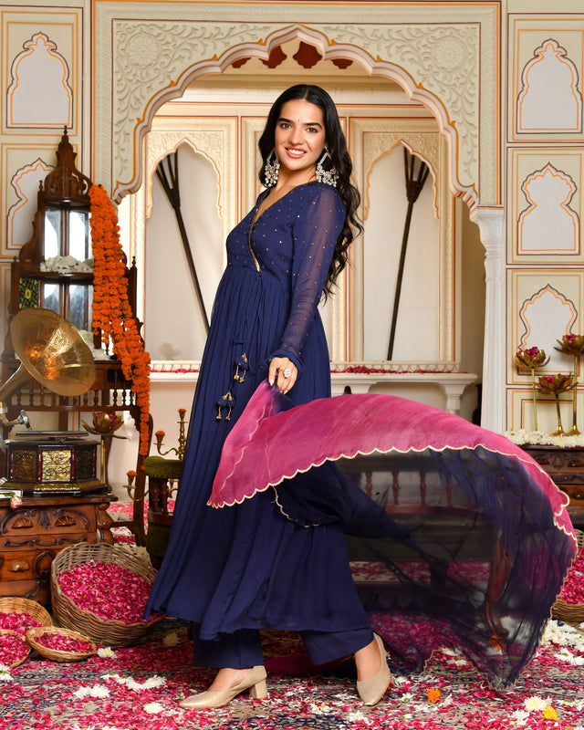 Aafreen Blue Embroidered Georgette Angrakha Set