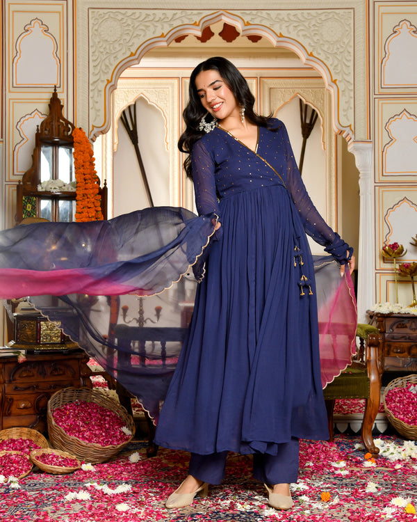 Aafreen Blue Embroidered Georgette Angrakha Set