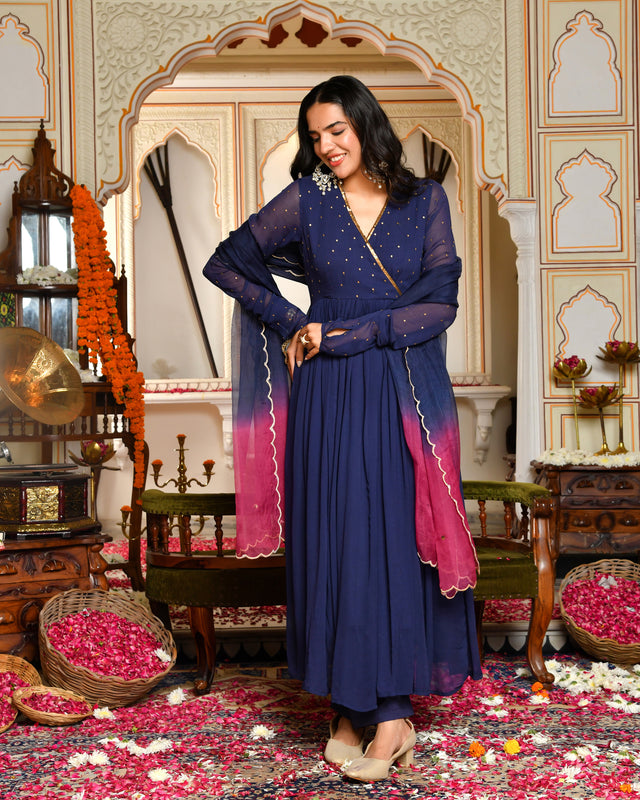 Aafreen Blue Embroidered Georgette Angrakha Set