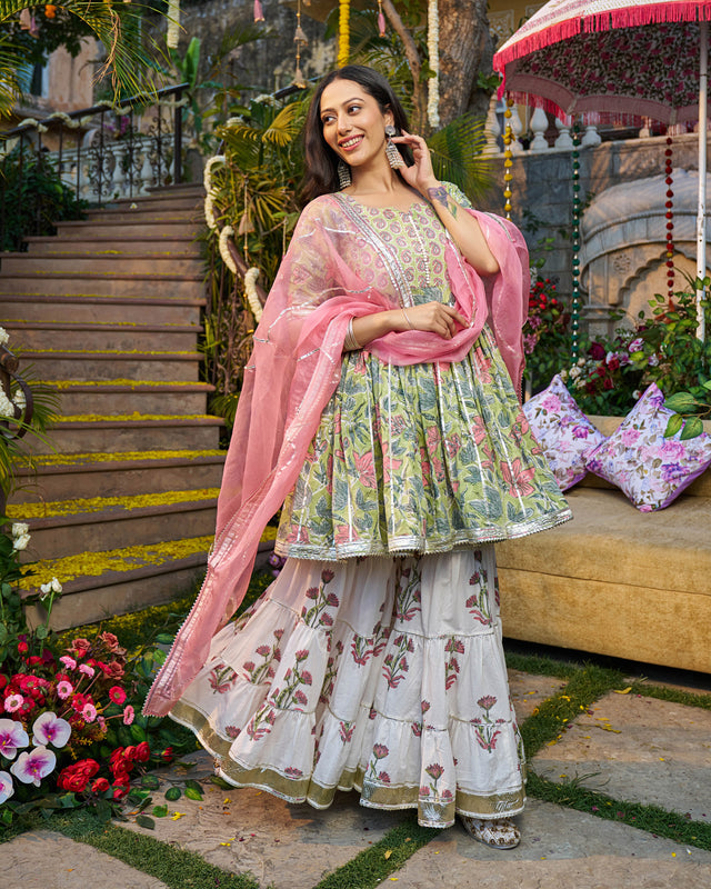 Tabeer Handblock Cotton Gotapatti Sharara Set