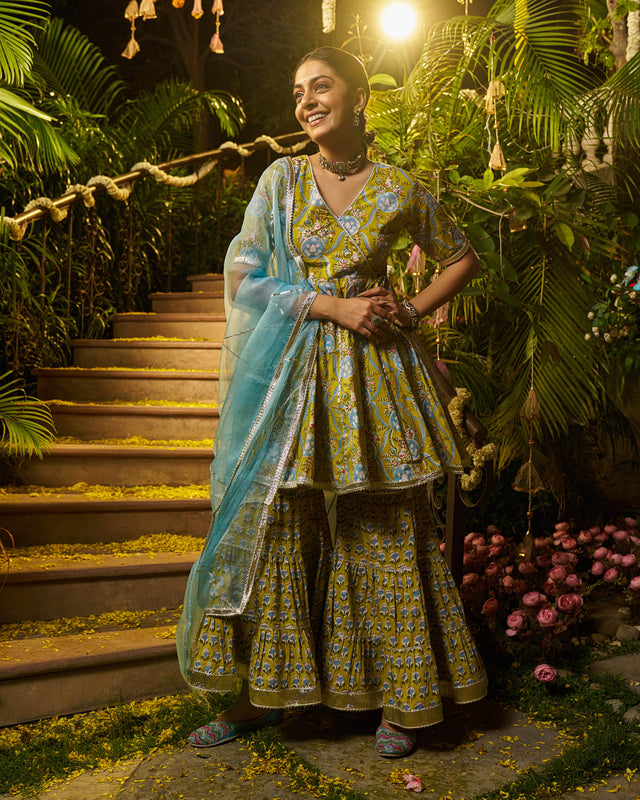 Izza Handblock Cotton Gotapatti Sharara Set