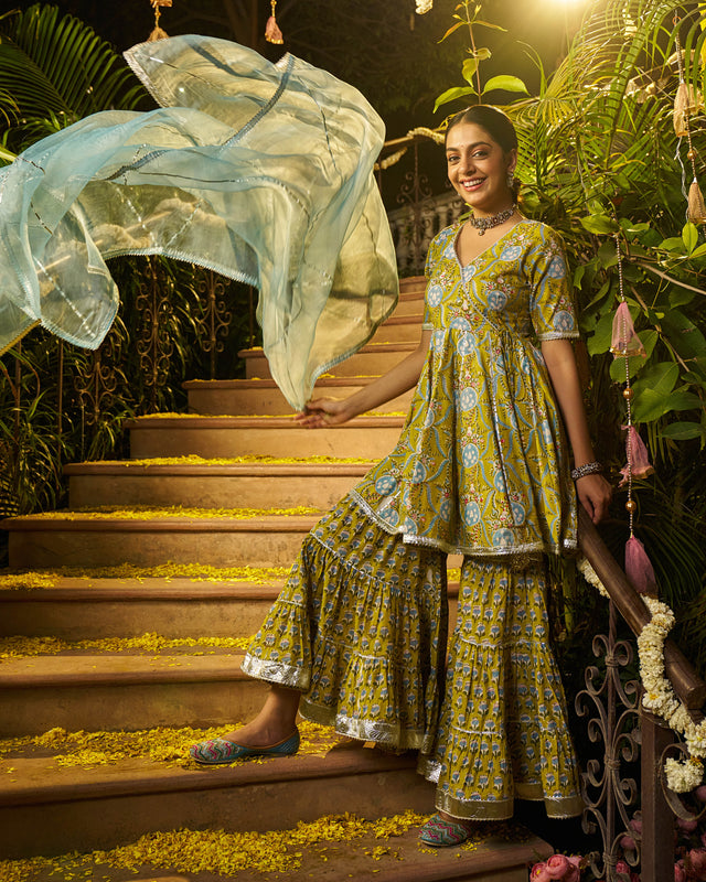 Izza Handblock Cotton Gotapatti Sharara Set