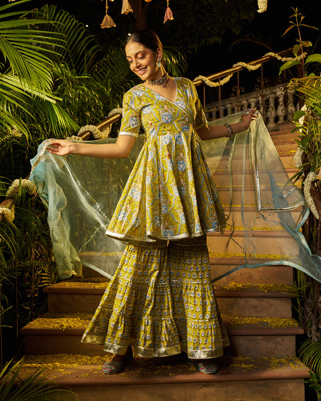 Izza Handblock Cotton Gotapatti Sharara Set